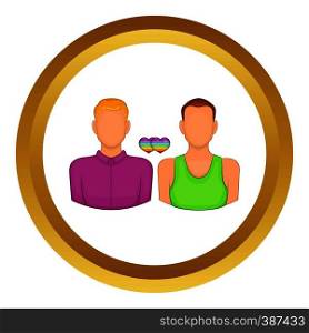Two men gay vector icon in golden circle, cartoon style isolated on white background. Two men gay vector icon