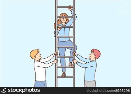 Two men hold ladder with girl for concept close-knit business team and career success. Employees company or startup provide support to colleagues by helping them climb career ladder. Two men hold ladder with girl for concept close-knit business team and career success