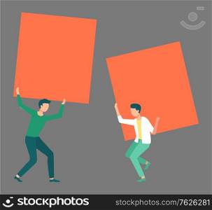 Two men holding orange blank posters. Bright placard, colorful broadsheet, empty banner. Young male character lifting heavy rectangular load vector. Flat cartoon. Two Men Holding Orange Blank Empty Posters Vector