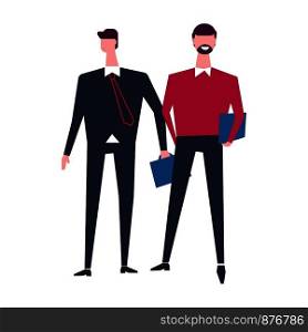 Two men in business and casual clothing or family brothers and friends or businessmen manager with office documents file bag. Vector cartoon flat faceless people characters icons. Two men in office casual clothes vector characters