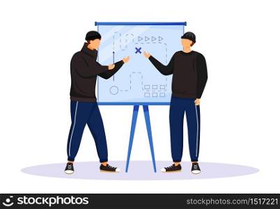 Two men planning criminal act flat color vector faceless character. Criminals preparing for attack. Robbers looking at map drawn on whiteboard. Isolated cartoon illustration