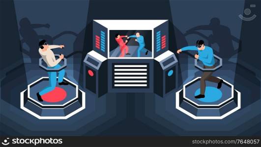 Two men playing fighting game in virtual reality glasses 3d isometric horizontal vector illustration