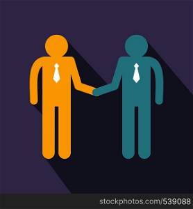 Two men shaking hands icon in flat style on a violet background. Two men shaking hands icon flat style
