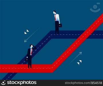 Two men standing different business paths. Concept business success illustration. Vector cartoon character and abstract flat. Two men standing different business paths. Concept business success illustration. Vector cartoon character and abstract flat
