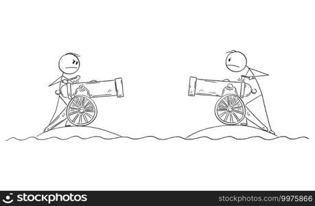 Two men with field artillery guns fighting in war from separated islands, vector cartoon stick figure or character illustration.. Two Men fighting in War With Field Artillery Guns on Separated Islands, Vector Cartoon Stick Figure Illustration