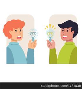 Two men with light bulbs in their hands, bad and good idea. Insight, inspiration, eureka, aha moment making decision, thinking concept. Vector flat illustration.