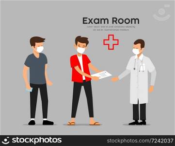 Two men with mask, see a doctor at ,the examination room, vector illustration