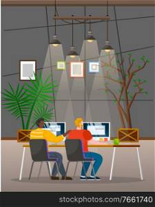 Two men work on computers at designed office. Paper stickers with notes and tasks to do on monitor. Room interior with trees and good light. Vector illustration of workplace for people in flat style. Men Work on Computers, Interior of Office Room