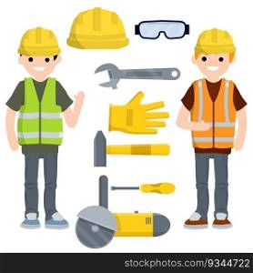 Two Men workers in yellow and green uniform with helmets. Repair and installation tools. Industrial safety. Maintenance service. Screwdriver, wrench, grinder, hammer, glasses and helmet. Two Men workers in yellow and green uniform
