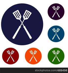 Two metal spatulas icons set in flat circle red, blue and green color for web. Two metal spatulas icons set