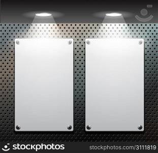Two metallic banner on a perforated background