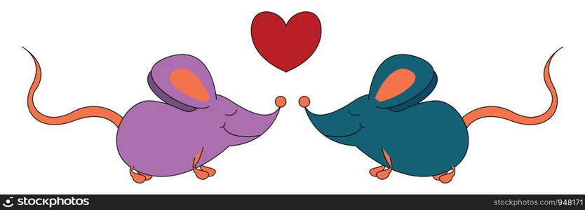 Two mice in purple and blue colors have pointed snouts, large ears, long tail, and eyes closed while facing each other, and centered with a red heart, vector, color drawing or illustration.