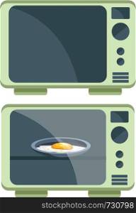 Two Microwave ovens one is heating egg omelette while the other one is empty vector color drawing or illustration.
