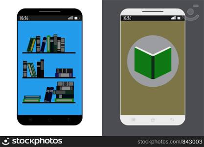 two mobile phones with book application on screen,cartoon vector illustration. two mobile phones with book application on screen