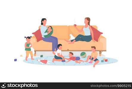 Two mothers with children rest at home flat color vector faceless characters. Baby play with toys. Weekend relaxation. Babysitting isolated cartoon illustration for web graphic design and animation. Two mothers with children rest at home flat color vector faceless characters