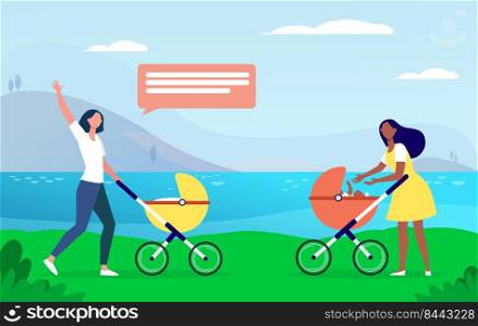 Two new moms walking together. Woman with strollers meeting and waving hello flat vector illustration. Motherhood, childcare, friendship concept for banner, website design or landing web page