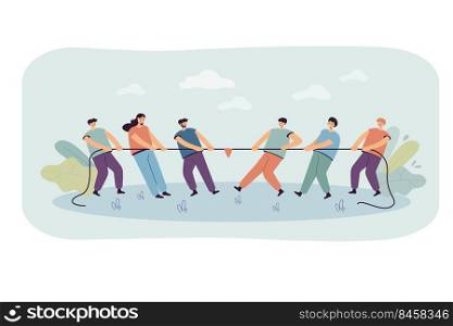 Two office teams of people pulling rope isolated flat vector illustration. Cartoon strong characters playing game and competing in contest. Confrontation, competition and challenge concept
