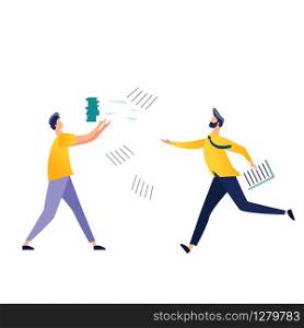 Two office workers in hurry, male characters run and try to catch falling paper sheets or documents. Deadline concept, panic and stress on workplace. Two male characters try to catch falling papers