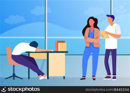 Two office workers looking at sleepy colleagues. Exhausted employee sleeping at workplace flat vector illustration. Lazy worker, burnout concept for banner, website design or landing web page