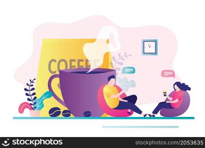 Two office workers sitting and chatting at lunch. Business people drinks coffee and communicate. Big cup of coffee on background. Office break and lunchtime in company. Trendy flat vector illustration. Two office workers sitting and chatting at lunch. Business people drinks coffee and communicate. Big cup of coffee on background