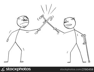 Two old persons or seniors fighting or fencing with crutch and cane, vector cartoon stick figure or character illustration.. Two Seniors or Old Persons Fighting with Cane and Crutch, Vector Cartoon Stick Figure Illustration