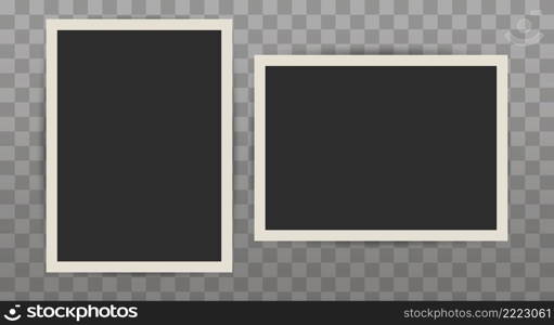 Two old photographs with shadows. Old photo frame template. 3D realistic vector illustration.. Two old photographs. Old photo frame. 3D realistic vector illustration