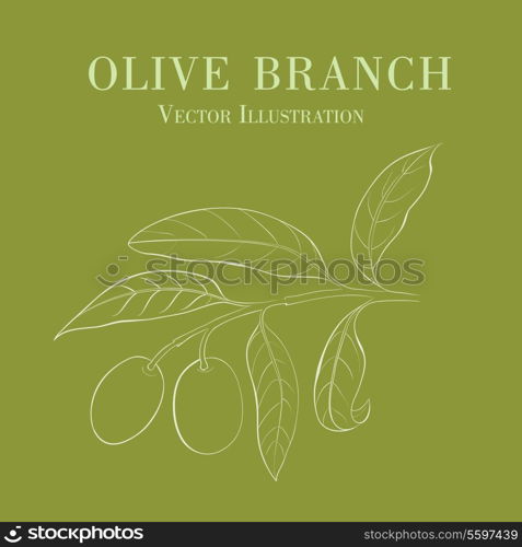 Two olives on branch with leaves isolated on green. Vector illustration.