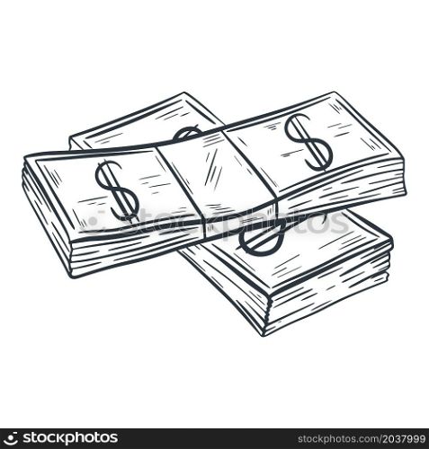 Two packing dollars isolated vector illustration. Cash sketch. Paper money. Two packing dollars isolated vector illustration