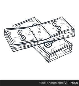 Two packing dollars isolated vector illustration. Cash sketch. Paper money. Two packing dollars isolated vector illustration