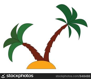 Two palm trees on the sand, illustration, vector on white background.