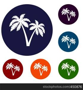 Two palms icons set in flat circle reb, blue and green color for web. Two palms icons set