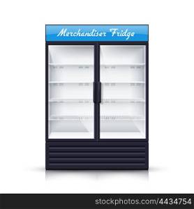 Two Panels Empty Fridge Realistic Illustration. Empty vertical refrigerator for with two transparent front panels for cooling drinks and products isolated realistic vector Illustration