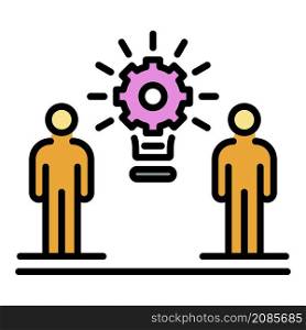 Two people and gear icon. Outline two people and gear vector icon color flat isolated. Two people and gear icon color outline vector
