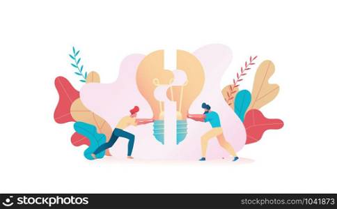 Two people connect the puzzle light bulb. Metaphor of the search for ideas. The concept of team office work, collaboration, brainstorming. Vector flat illustration.
