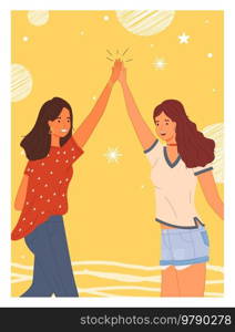 Two people giving high five, standing happily with hands together. Smiling women greeting each other. Female characters give five and rejoice. Happy girls during greeting isolated on white background. Women greeting each other. Female characters give five and rejoice standing with hands together