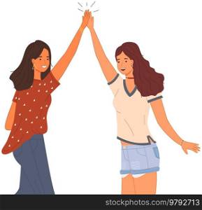 Two people giving high five, standing happily with hands together. Smiling women greeting each other. Female characters give five and rejoice. Happy girls during greeting isolated on white background. Women greeting each other. Female characters give five and rejoice standing with hands together