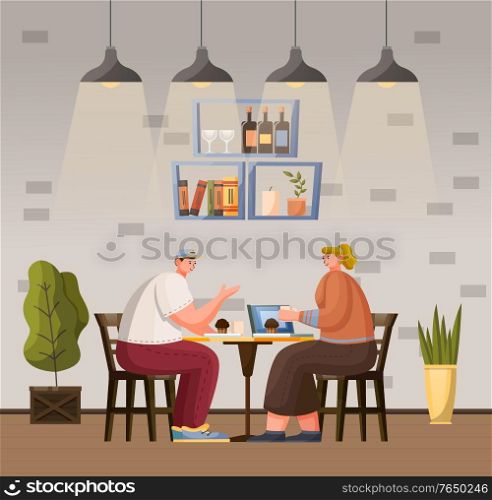 Two people have lunch in cafeteria or coffeehouse. Man and woman sit on simple wooden chairs and eat muffins. Modern interior design, nice place for meeting with friend. Vector illustration in flat. People Eat Muffins in Cafe, Cafeteria Interior