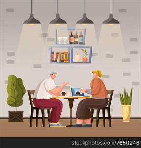 Two people have lunch in cafeteria or coffeehouse. Man and woman sit on simple wooden chairs and eat muffins. Modern interior design, nice place for meeting with friend. Vector illustration in flat. People Eat Muffins in Cafe, Cafeteria Interior