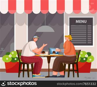 Two people have lunch outdoor. Summer area of cafe on street. Man and woman sit at table, talk and eat cupcakes. Modern exterior design of coffeehouse, menu board on wall, vector illustration in flat. People Have Lunch Outdoor, Cafeteria Exterior