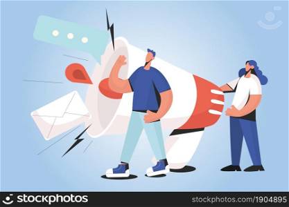 Two people hold huge loudspeaker make sale or discount promotion announcement. Person with megaphone scream shout announce news or deal. Feedback, ad. Flat vector illustration. . People hold loudspeaker make sale announcement