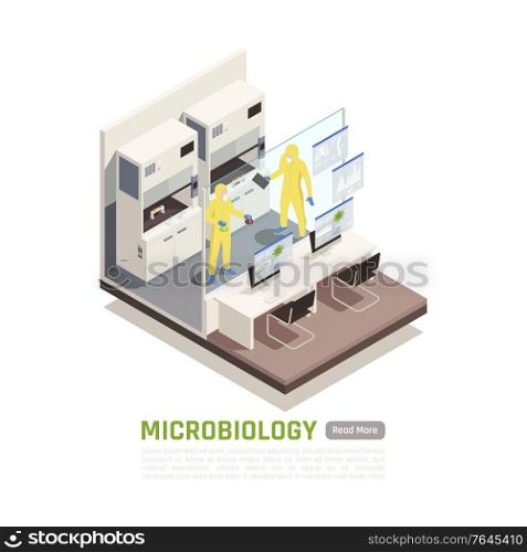 Two people in protective suits conducting experiments in microbiology laboratory 3d isometric vector illustration