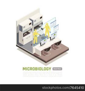 Two people in protective suits conducting experiments in microbiology laboratory 3d isometric vector illustration