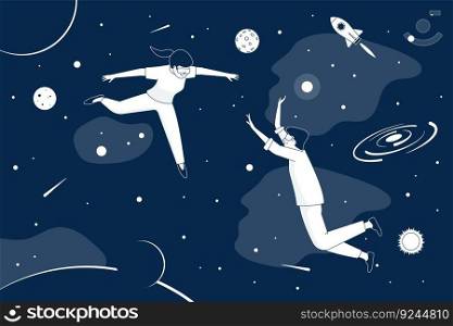 Two people in vr glasses flying in universe with planets and stars. Virtual reality scene, new digital game or adventures. Space travel recent vector illustration of virtual reality technology. Two people in vr glasses flying in universe with planets and stars. Virtual reality scene, new digital game or adventures. Space travel recent vector illustration