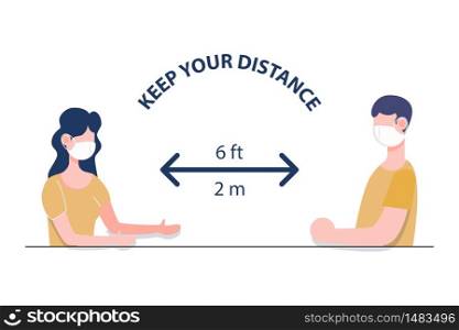 Two people man and woman wearing masks keep distance 2 m signage flat character design vector. Social distancing new normal concept.