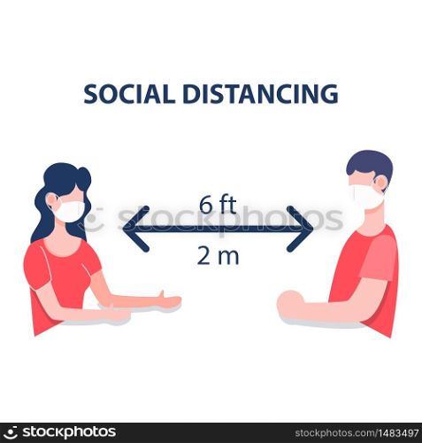Two people man and woman wearing masks keep distance 2 m signage flat character design vector. Social distancing new normal concept.
