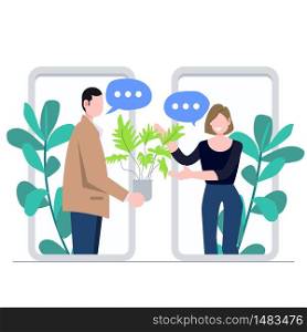 Two people online communication concept. Digital transformation delivery. Man giving plant to woman. Flat character abstract people vector.
