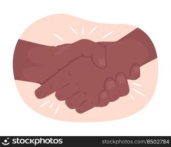 Two people shaking hands 2D vector isolated illustration. Parting custom flat hand gesture on cartoon background. Come to agreement colourful editable scene for mobile, website, presentation. Two people shaking hands 2D vector isolated illustration