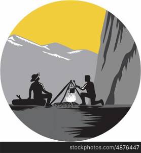 Two people sitting around a campfire. One kneeling and cooking, while one sitting on a log and looking up at 1000 foot sheer wall about 50 yards away set inside circle with mountains in the background done in retro woodcut style.