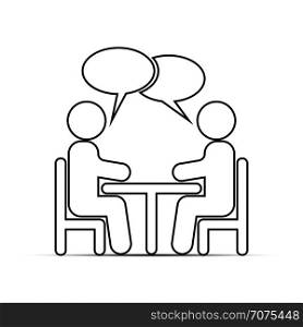 Two people sitting at a table and talking. Outline drawing.