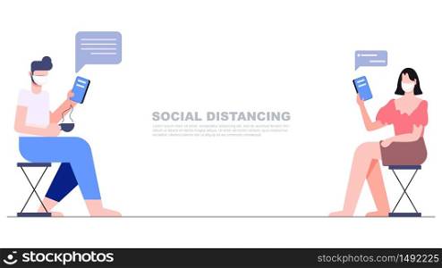 Two people sitting separate keep distance chat online with mobile phone in hand. Social distancing concept. New normal lifestyle after covid-19 pandemic flat character design vector illustration.